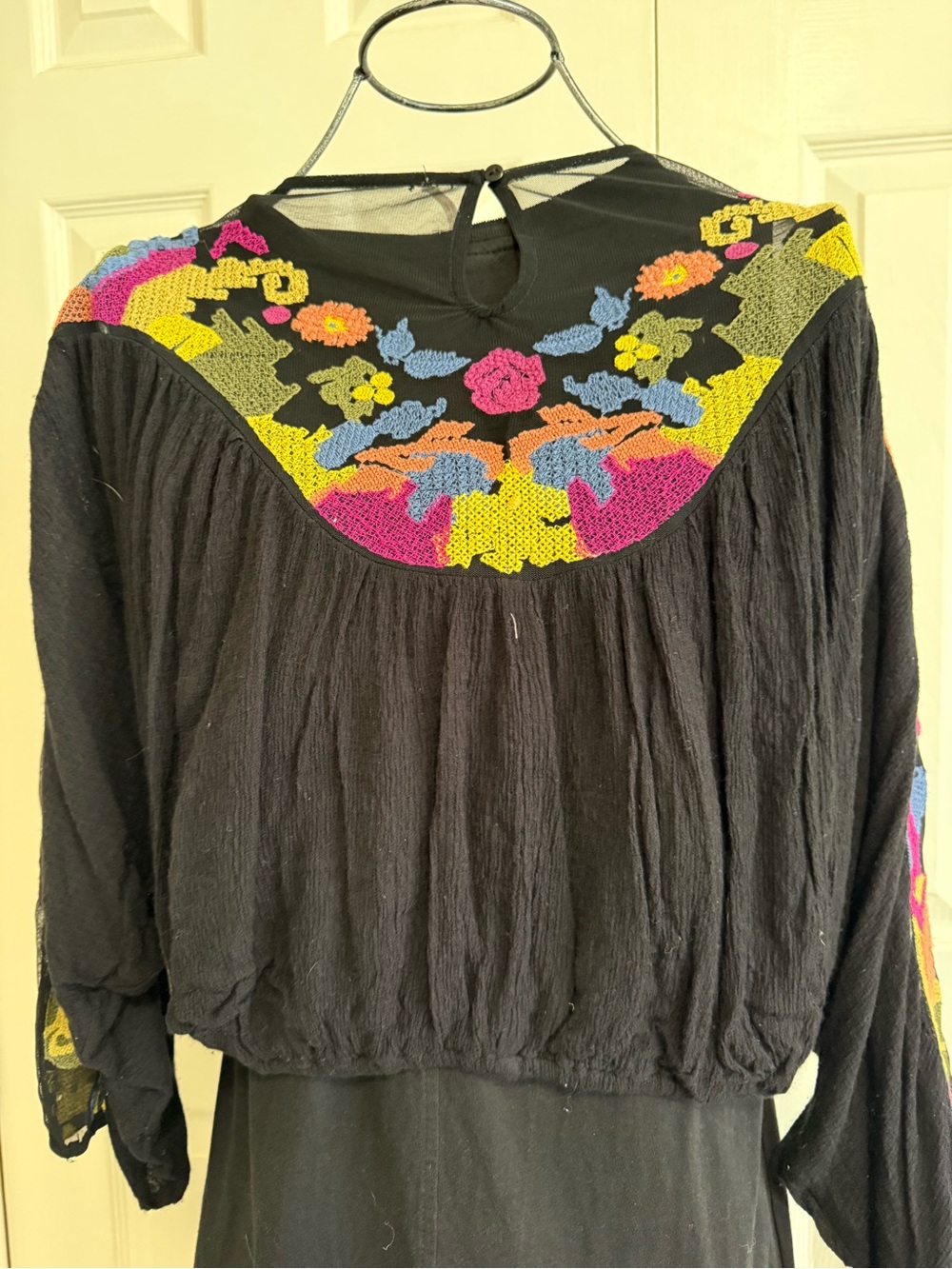 Free People Black Crop Top with Multicolor Floral Embroidery small BoHo blouse - Picture 5 of 9